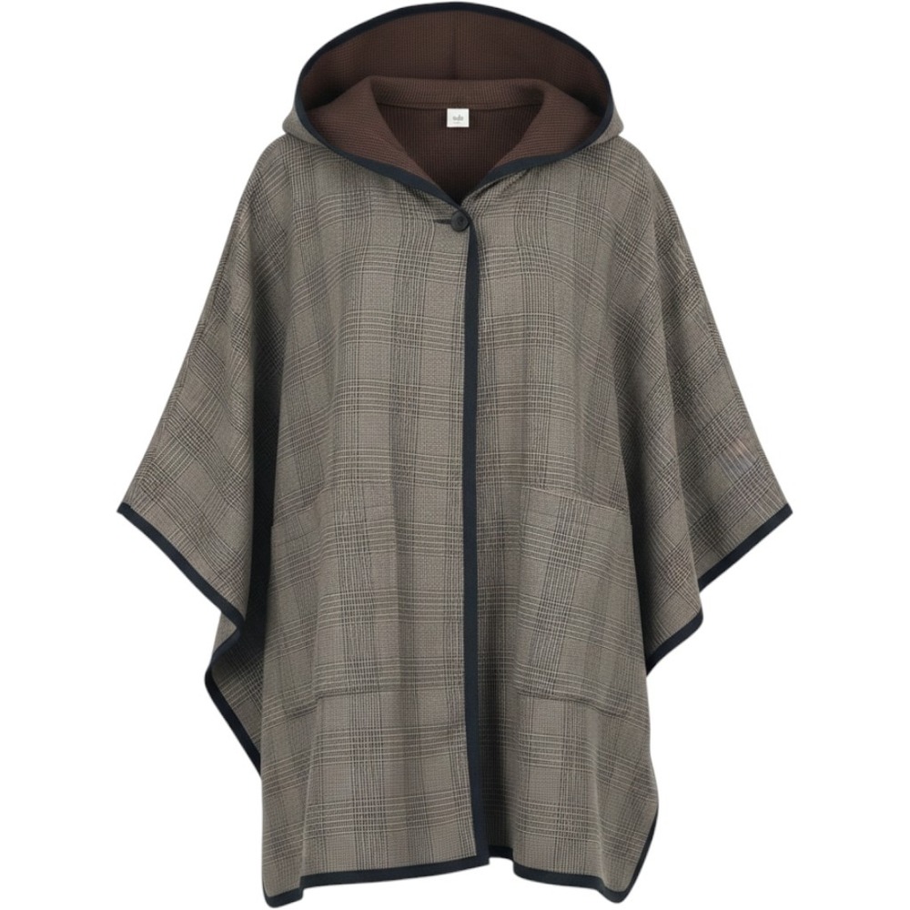 Cabi Reversible Hooded Poncho Wms M/L Brown Plaid Houndstooth Dark Academia Wrap